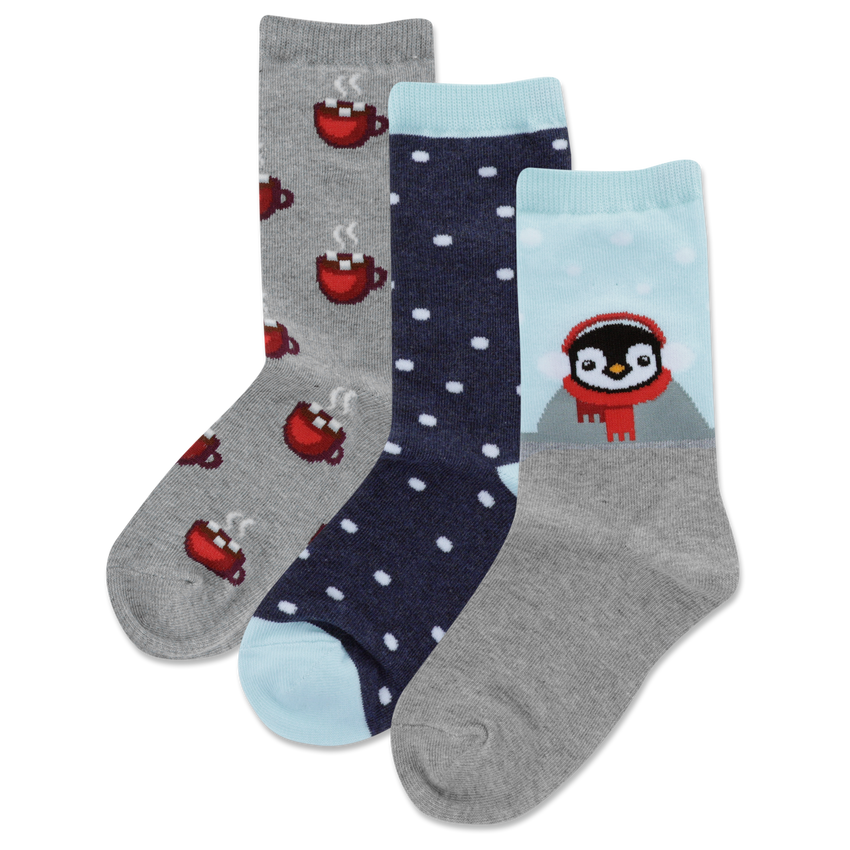 hot sox HOTSOX Kid's Penguin Hot Cocoa Crew Socks 3 Pair Pack Multi-Colored