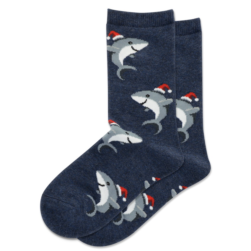 hot sox HOTSOX Kid's Shark with Santa Hat Crew Socks BLUE