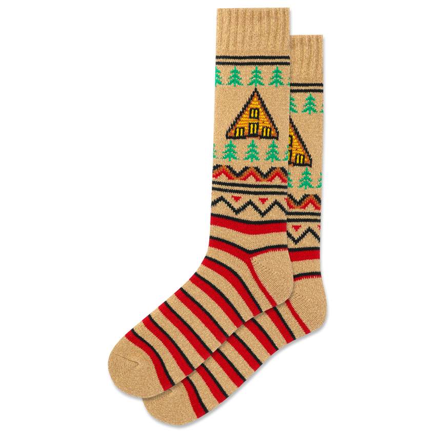 hot sox HOTSOX Men's Cabin Fair Isle Boot Crew Socks TAN