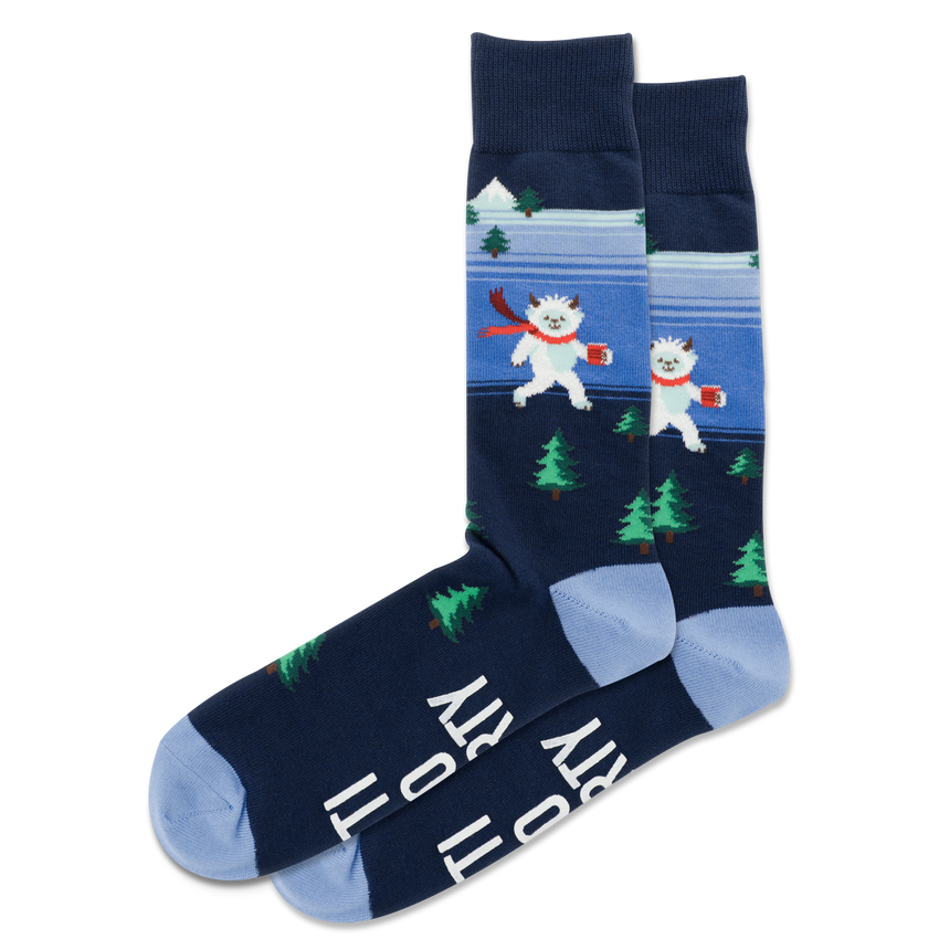 hot sox HOTSOX Men's Fuzzy Yeti To Party Non-Skid Crew Socks Navy