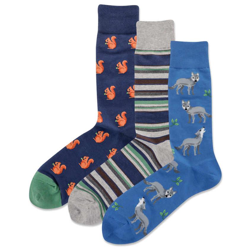 hot sox HOTSOX Men's Nature Animal 3 Pack Crew Socks Multi-Colored