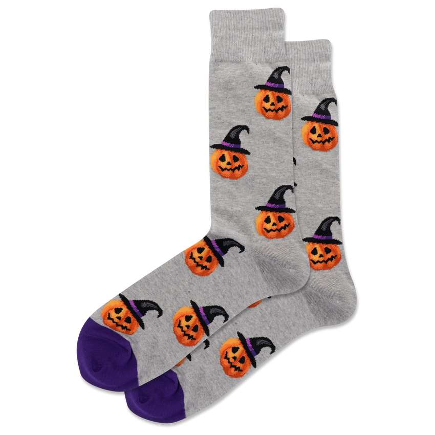 hot sox HOTSOX Men's Witch Pumpkin Crew Socks Grey Heather