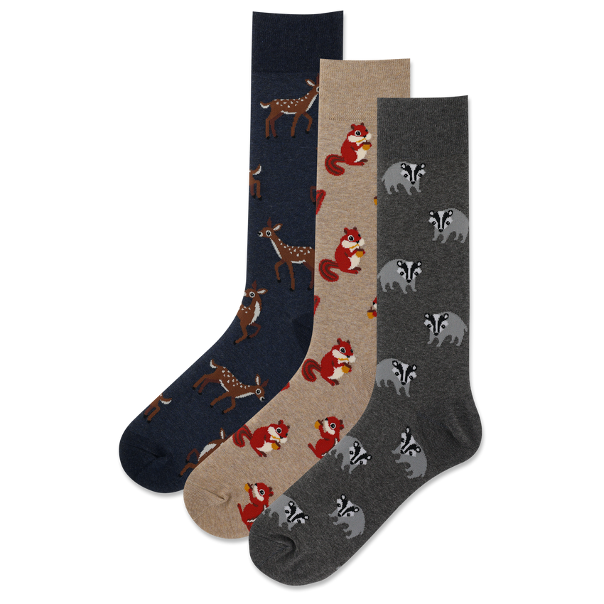 hot sox HOTSOX Men's Woodland Animals Crew Socks 3 Pair Gift Box Grey
