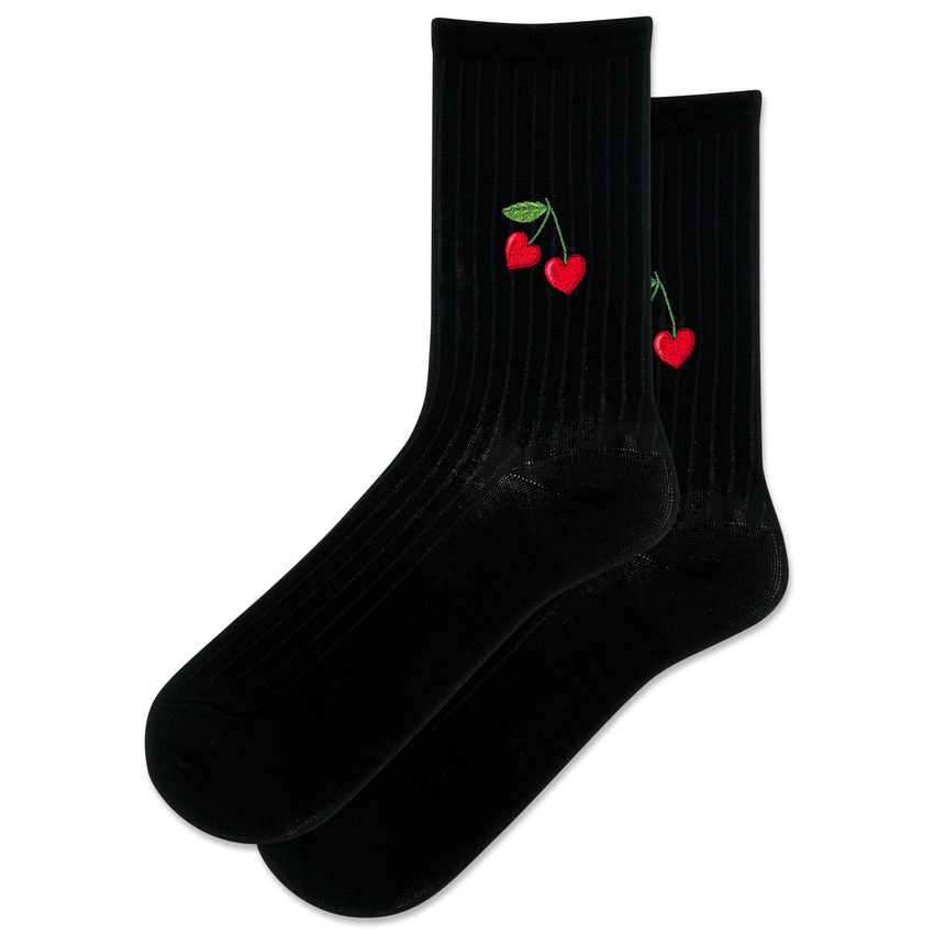 Hot Sox HOTSOX Women's Embroidery Cherry Heart Wool Crew Socks BLACK
