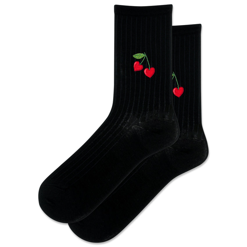 hot sox HOTSOX Women's Embroidery Cherry Heart Wool Crew Socks BLACK