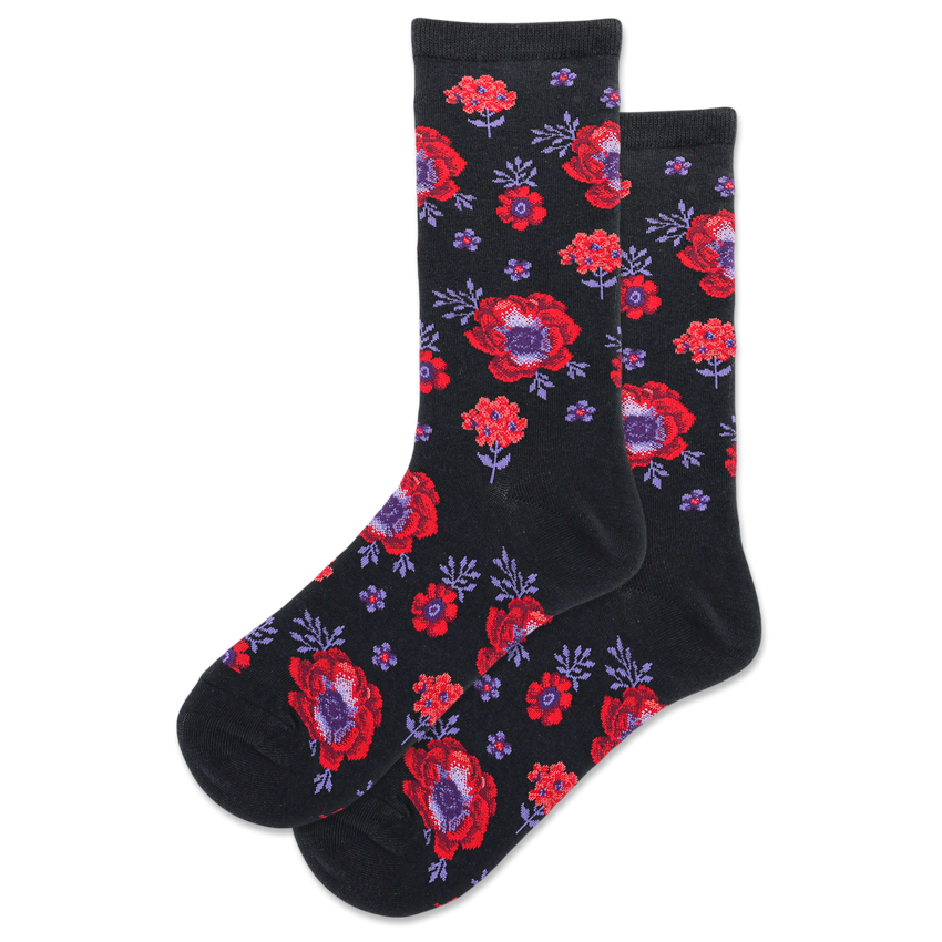 hot sox HOTSOX Women's Poppy Floral Crew Socks BLACK
