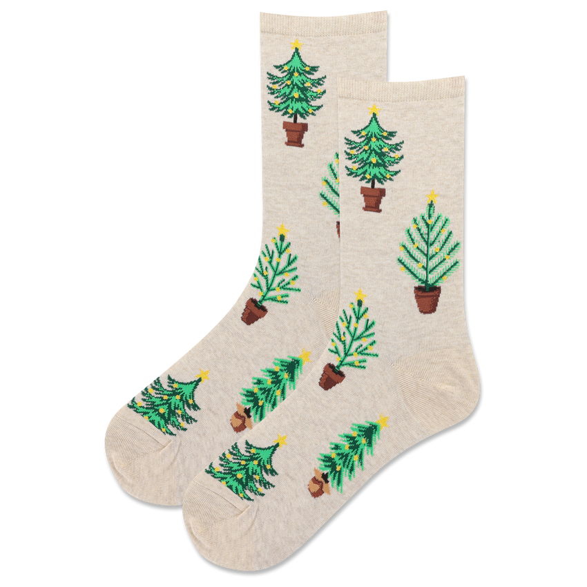 hot sox HOTSOX Women's Shiny Potted Christmas Tree Crew Socks TAN