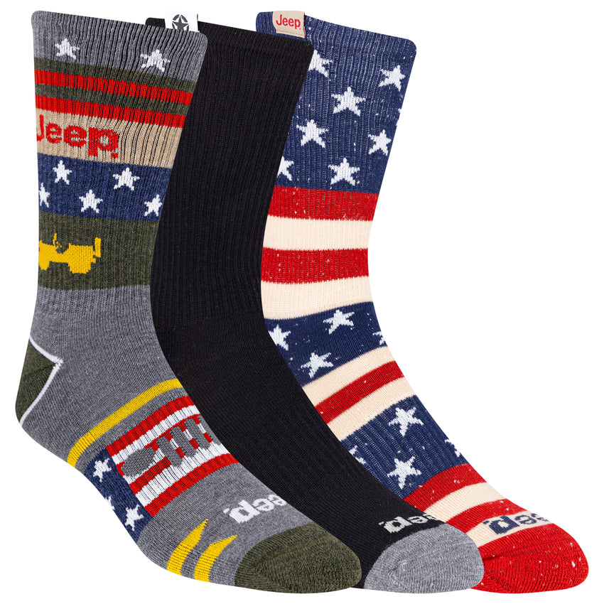 Hot Sox Jeep Men's American Collage Crew Americana Sock 3 Pair Pack Grey Assorted