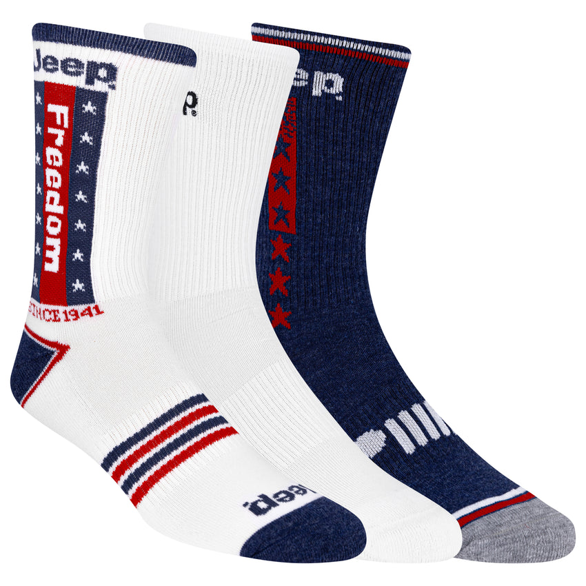 Hot Sox Jeep Men's Freedom Crew Americana Sock 3 Pair Pack White Assorted