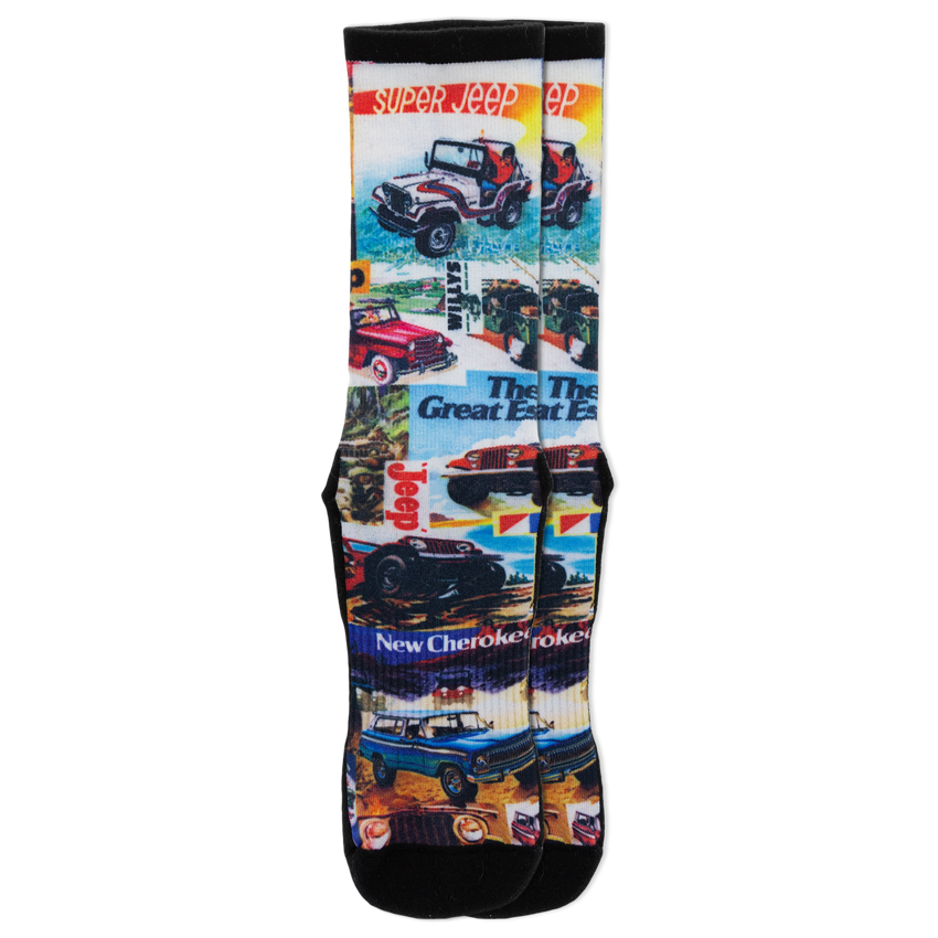 Hot Sox Jeep® Men's Vintage Ads Crew Socks - Lightweight Cushioned Comfort Multi-Colored