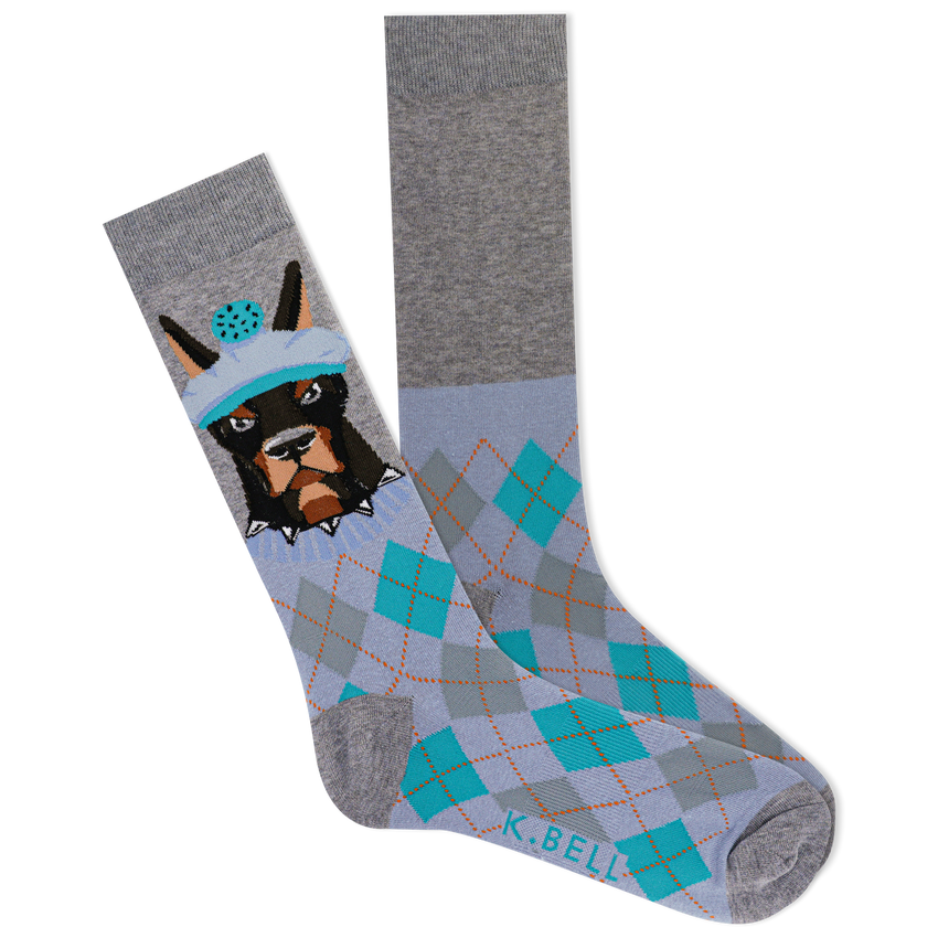 hot sox K.Bell Men's Doberman with Golfer Hat Argyle Crew Socks Charcoal