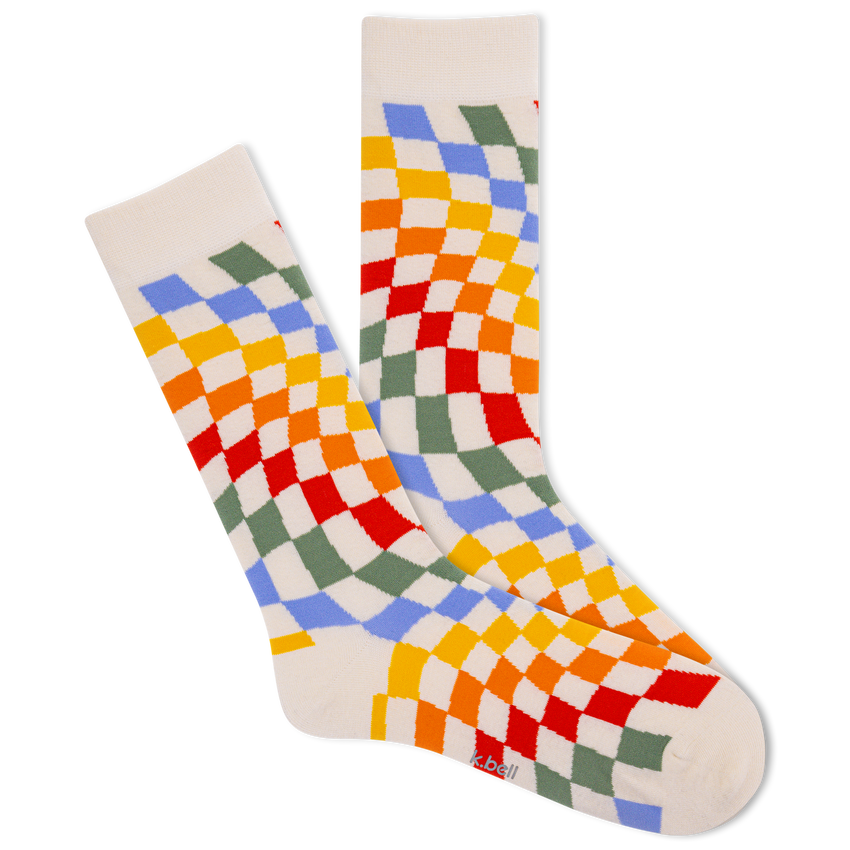 hot sox K.Bell Men's Retro Wave Checkerboard Crew Socks Tan