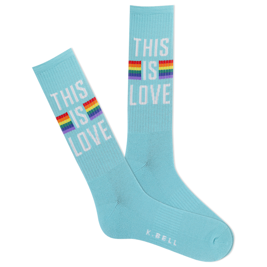 hot sox K.Bell Men's This Is Love Active Crew Socks Turquoise