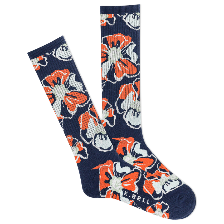 hot sox K.Bell Men's Tropical Floral Active Crew Socks Navy