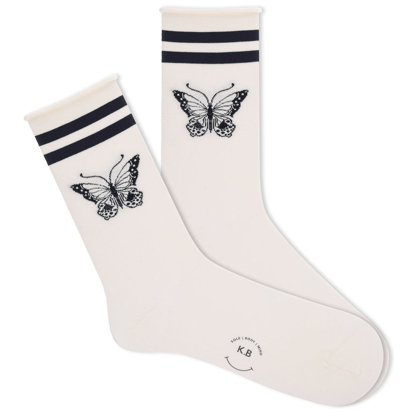hot sox K.Bell Women's Butterfly Ink Roll Top Crew Socks Light Oat