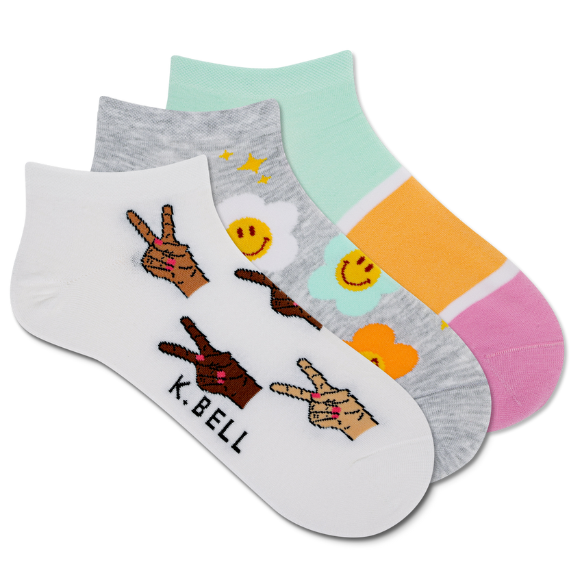 hot sox K.Bell Women's Peace Sign Low Cut 3 Pack White Assorted