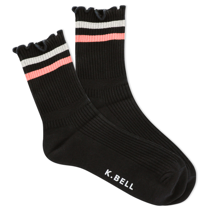 hot sox K.Bell Women's Retro Varsity Lettuce Edge Crew Socks BLACK