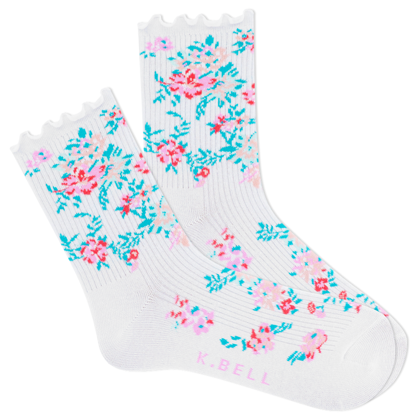 hot sox K.Bell Women's Summer Ditsy Floral Crew Socks White