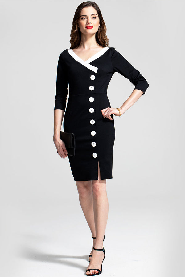 Hot Squash 50s Silky Trimmed Button Wiggle Dress Black