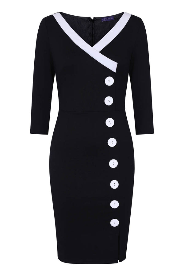 Hot Squash 50s Silky Trimmed Button Wiggle Dress Black
