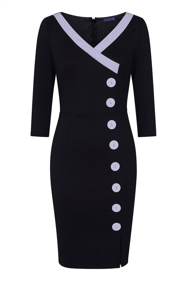 Hot Squash 50s Silky Trimmed Button Wiggle Dress Black