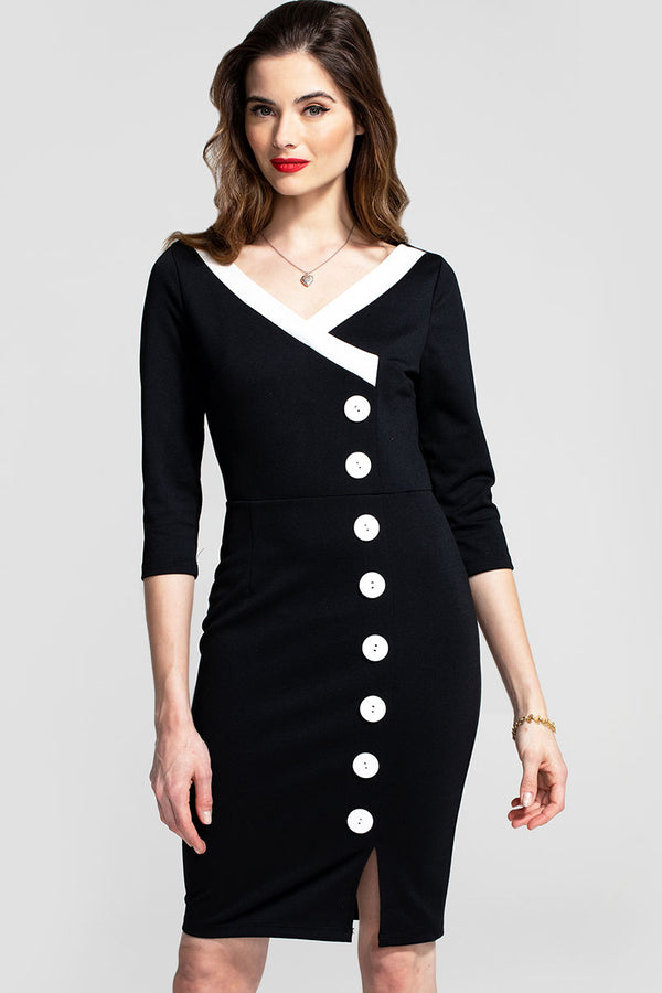 hot squash 50s Silky Trimmed Button Wiggle Dress Black