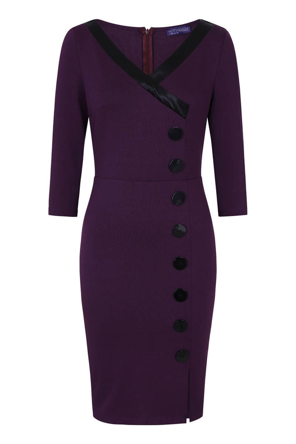 Hot Squash 50s Silky Trimmed Button Wiggle Dress Damson