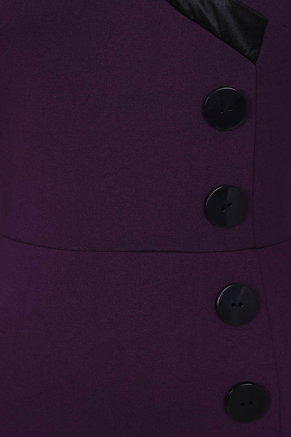 Hot Squash 50s Silky Trimmed Button Wiggle Dress Damson