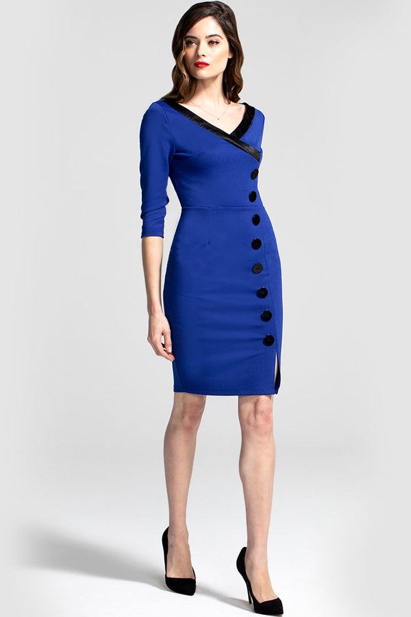 Hot Squash 50s Silky Trimmed Button Wiggle Dress Royal Blue