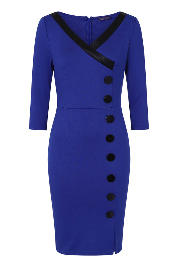 Hot Squash 50s Silky Trimmed Button Wiggle Dress Royal Blue