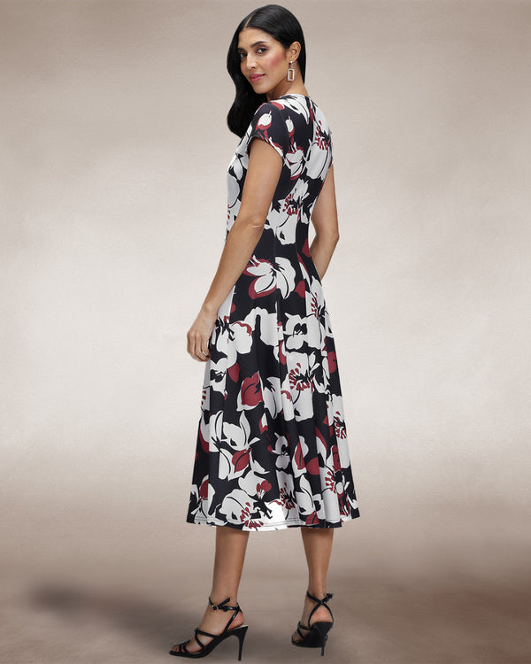 Hot Squash A Line Midi Dress With Cap Sleeves Burgundy / White Floral