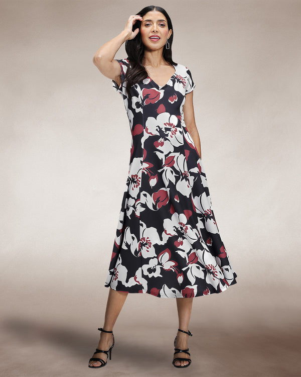 Hot Squash A Line Midi Dress With Cap Sleeves Burgundy / White Floral