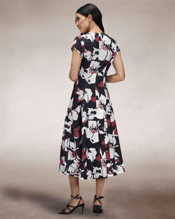 Hot Squash A Line Midi Dress With Cap Sleeves Burgundy / White Floral