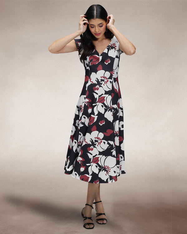 hot squash A Line Midi Dress with Cap Sleeves Burgundy / White Floral