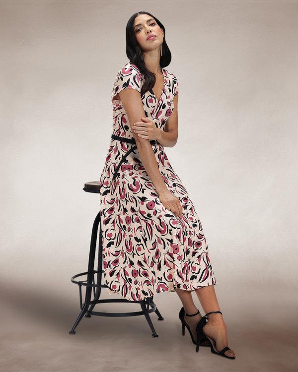 Hot Squash A Line Midi Dress With Cap Sleeves Cream / Pink Poppies