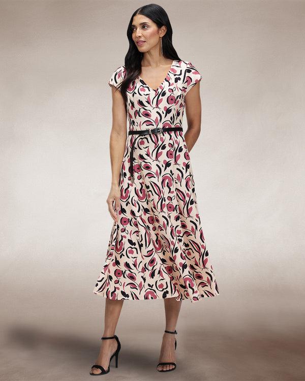 Hot Squash A Line Midi Dress With Cap Sleeves Cream / Pink Poppies