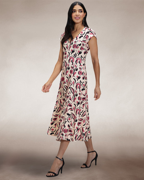 Hot Squash A Line Midi Dress With Cap Sleeves Cream / Pink Poppies