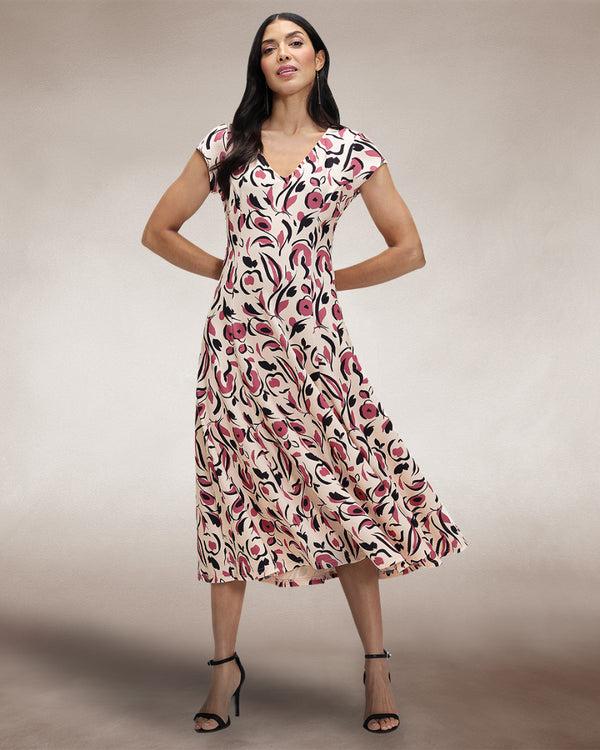 hot squash A Line Midi Dress with Cap Sleeves Cream / Pink Poppies