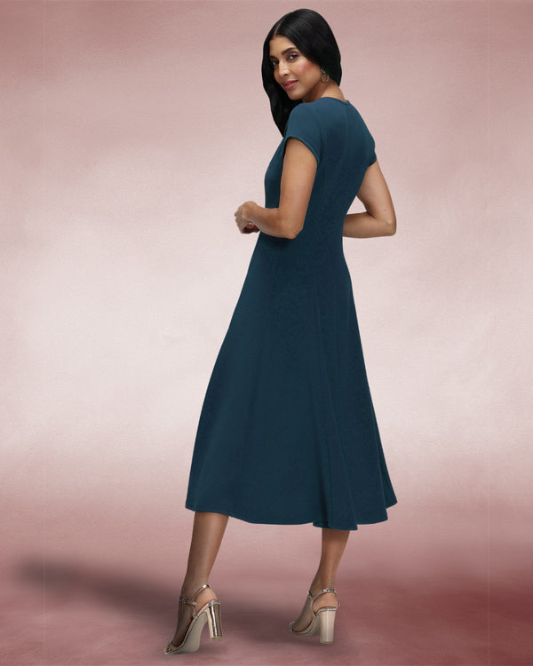 Hot Squash A Line Midi Dress With Cap Sleeves Woodland Teal