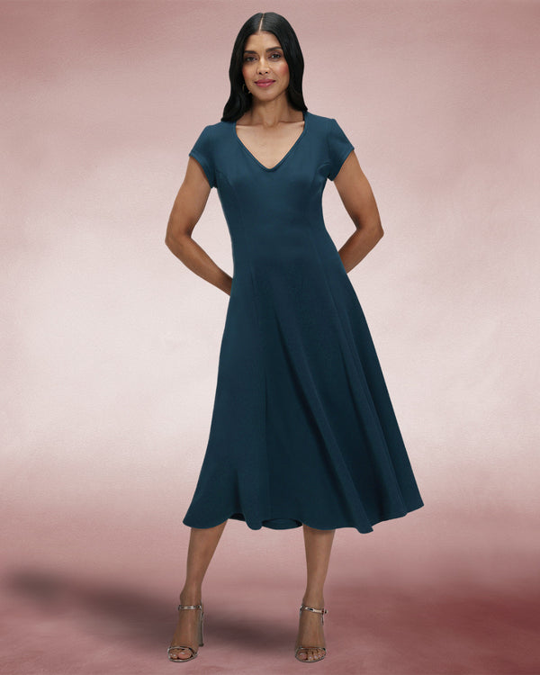 Hot Squash A Line Midi Dress With Cap Sleeves Woodland Teal