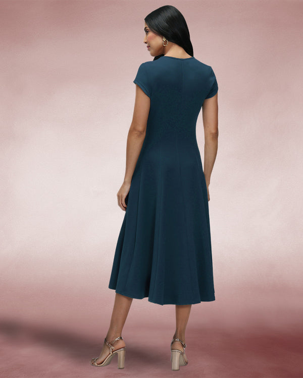 Hot Squash A Line Midi Dress With Cap Sleeves Woodland Teal