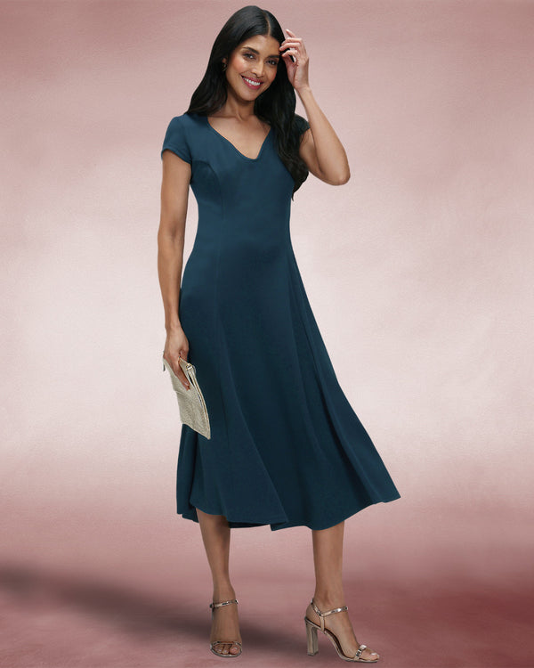 hot squash A Line Midi Dress with Cap Sleeves Woodland Teal