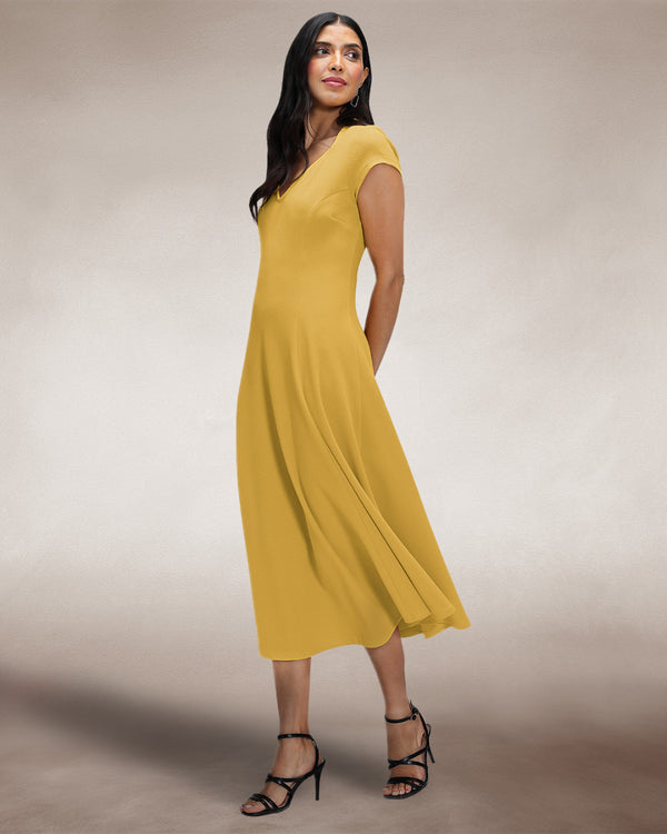 Hot Squash A Line Midi Dress With Cap Sleeves Yellow