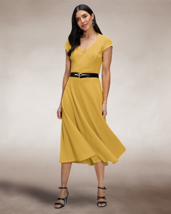Hot Squash A Line Midi Dress With Cap Sleeves Yellow