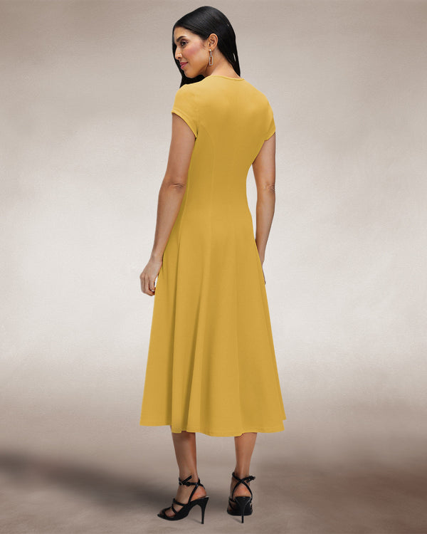 Hot Squash A Line Midi Dress With Cap Sleeves Yellow