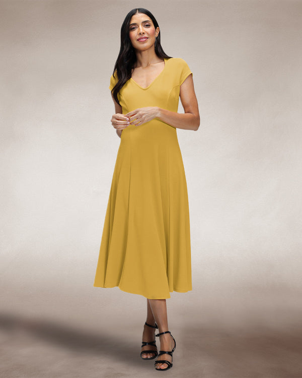 hot squash A Line Midi Dress with Cap Sleeves Yellow
