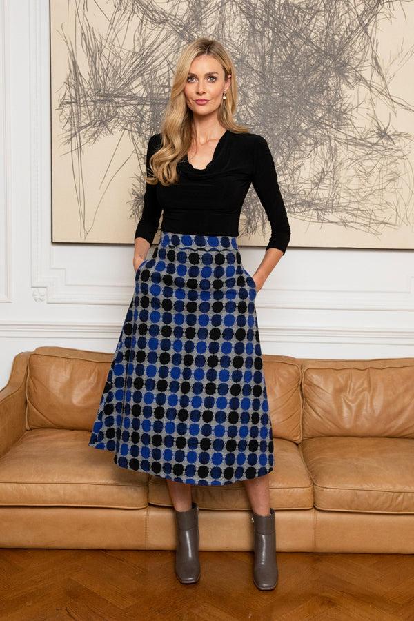 Hot Squash A-Line Midi Skirt With Pockets Blue / Black Dots