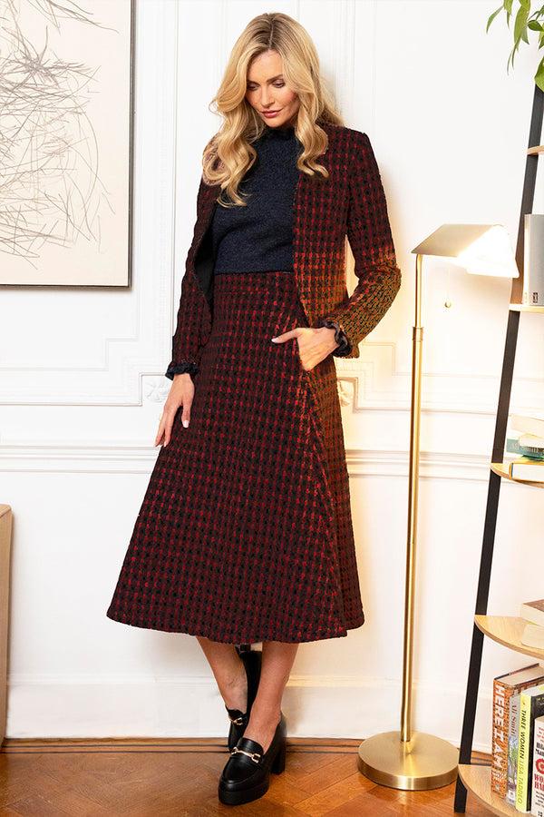 Hot Squash A-Line Midi Skirt With Pockets Red Houndstooth