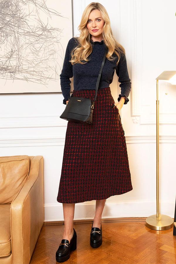 hot squash A-Line Midi Skirt With Pockets Red Houndstooth