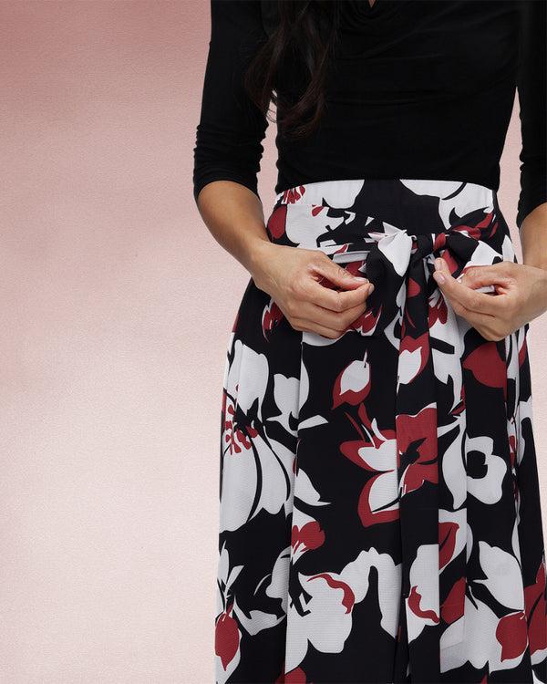 Hot Squash Asymmetric Hem Skirt With Bow Ties Burgundy / White Floral